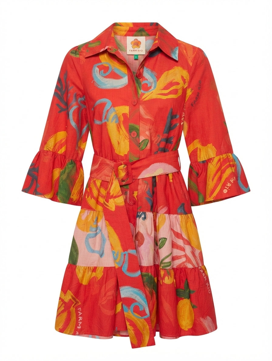 Farm Rio Tropical Fruit Print Mini Shirt Dress Red Size S