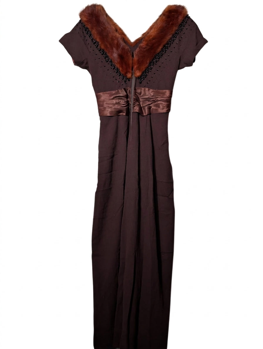 Vintage Raoul Couture Brown Wool Evening Dress with Faux Fur Collar - Image 1