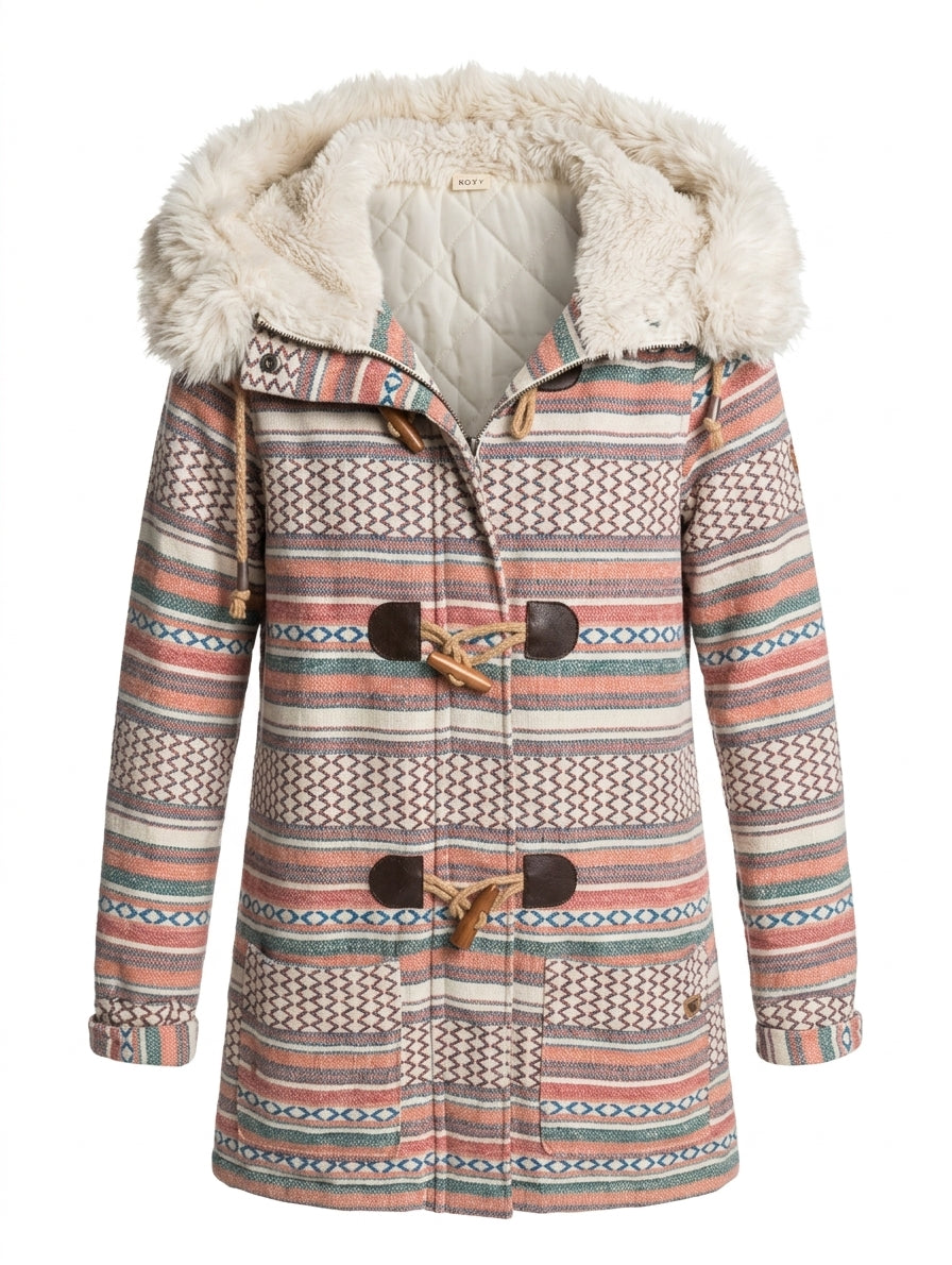 Roxy Women's Aztec Pattern Toggle Coat with Faux Fur Hood - Size XS - Image 1