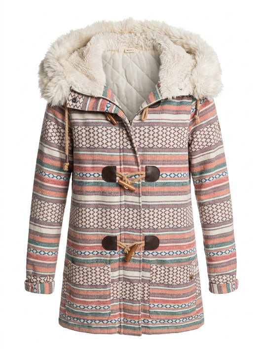 Roxy Women's Aztec Pattern Toggle Coat with Faux Fur Hood - Size XS - Image 1