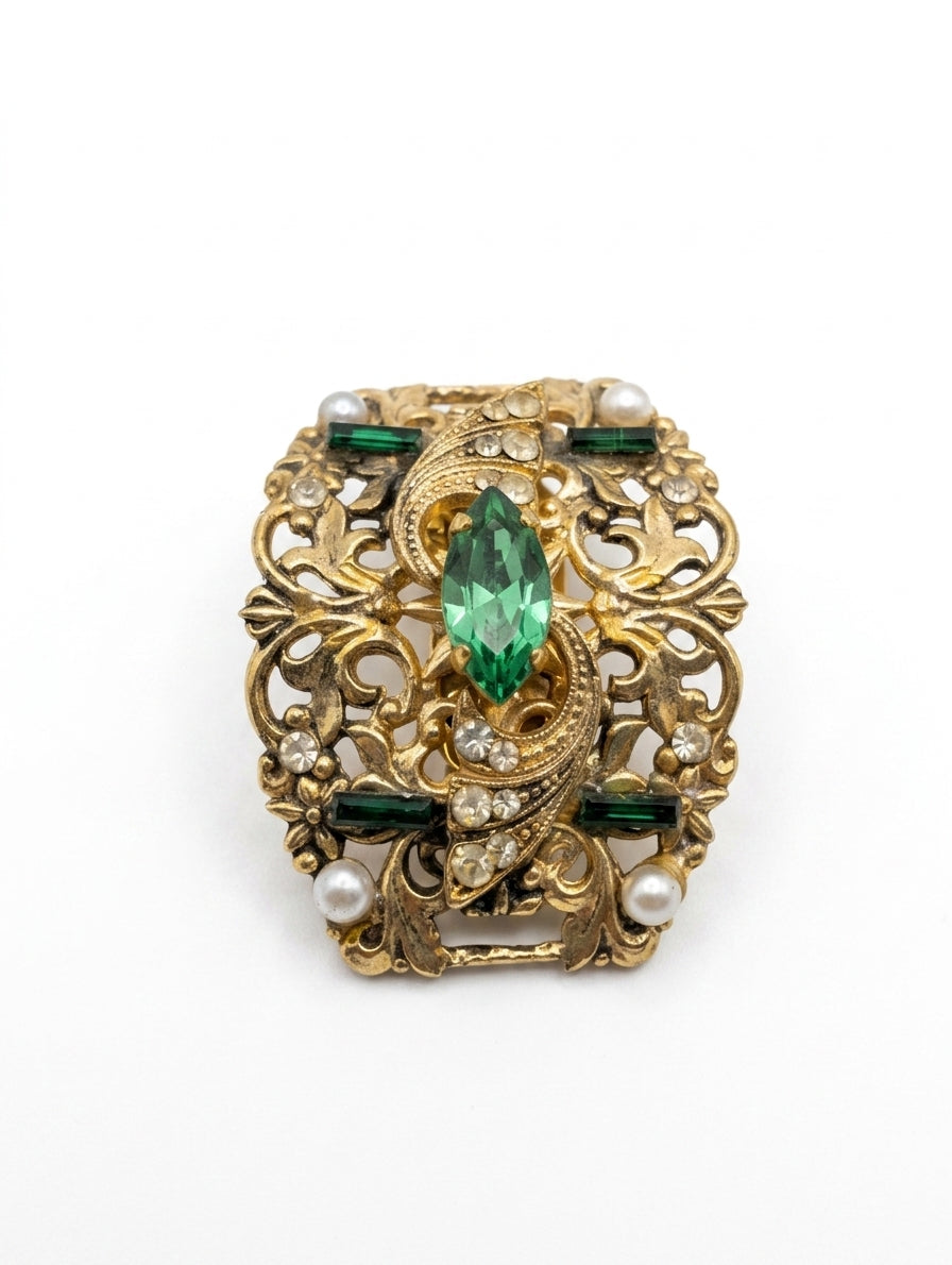 Vintage Gold Tone Filigree Shoe Clips Green Rhinestone & Faux Pearl - Image 1