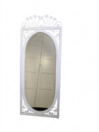 Vintage Wicker Rattan Oval Wall Mirror White Scrollwork Detail - Image 1