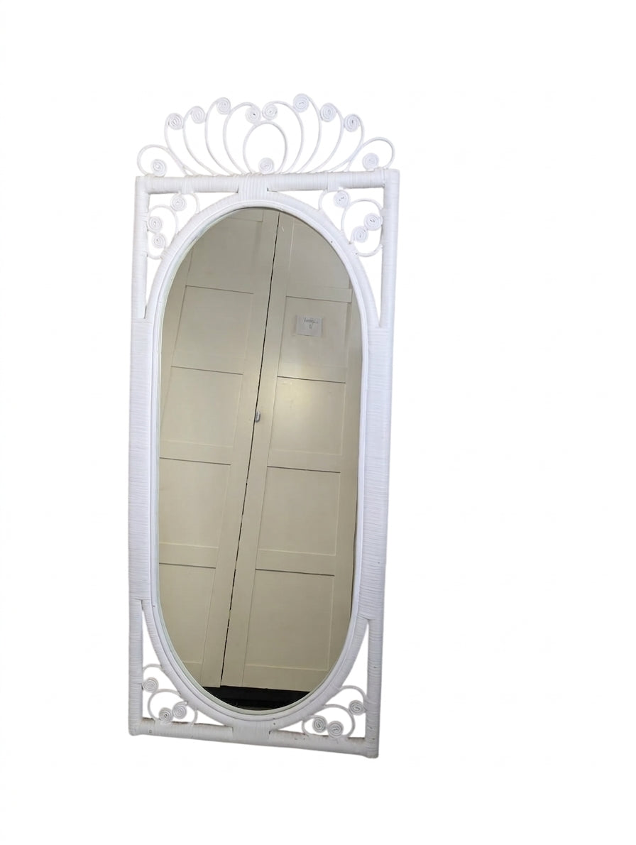 Vintage Wicker Rattan Oval Wall Mirror White Scrollwork Detail - Image 1