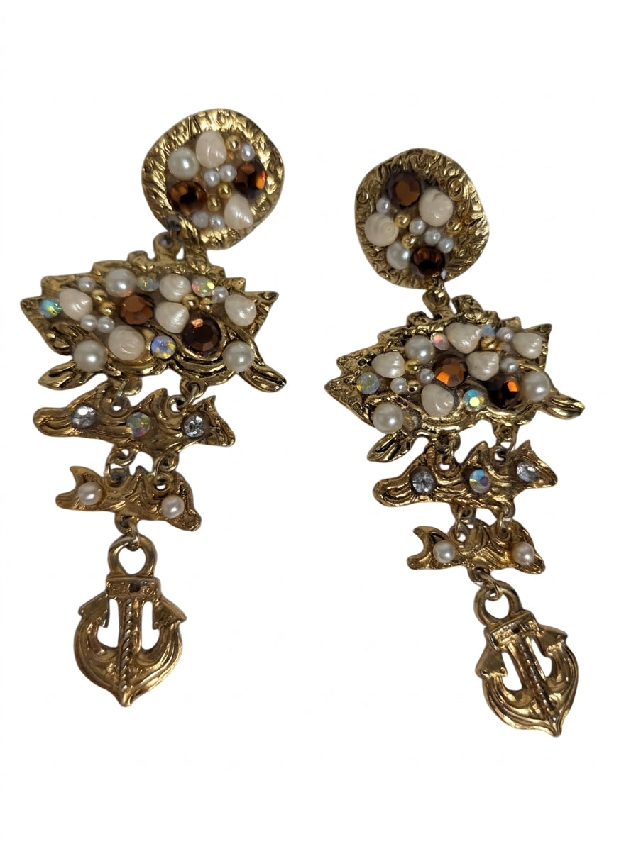  Vintage Anchor Statement Earrings Gold Tone clip on  - Image 1