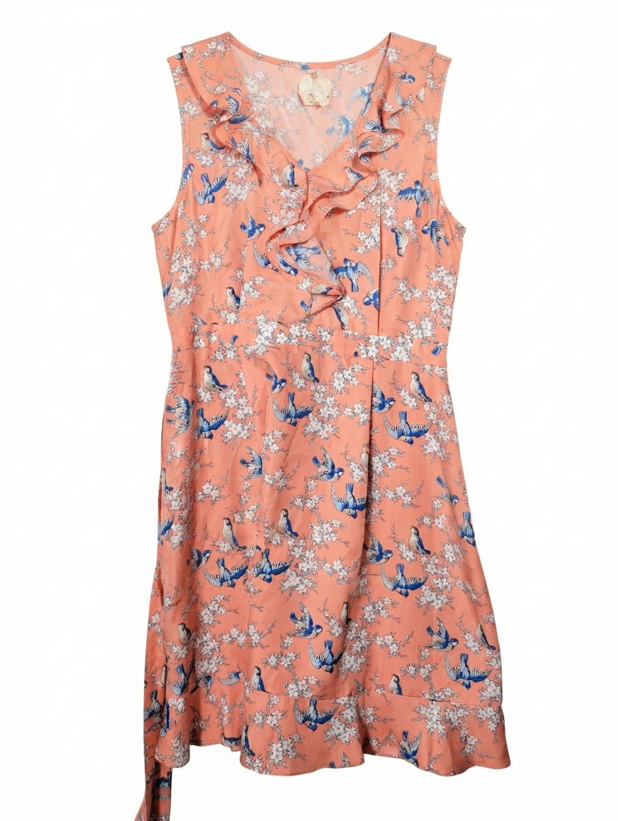ModCloth Fleurette Wrap Dress Peach Bird Floral Size 14 - Image 1