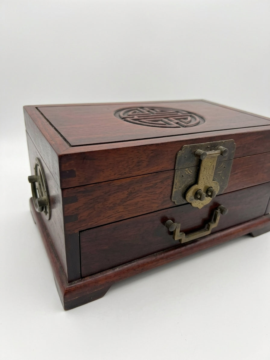 Vintage Chinese Rosewood Jewelry Box Shou Symbol Brass Hardware - Image 1
