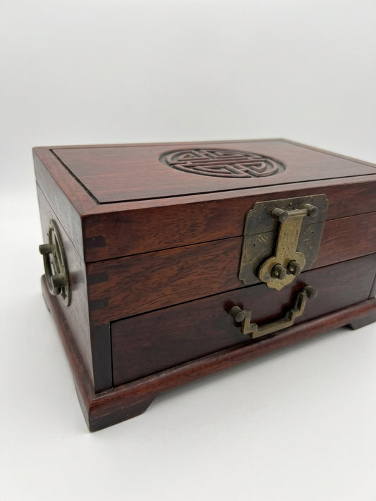 Vintage Chinese Rosewood Jewelry Box Shou Symbol Brass Hardware - Image 1
