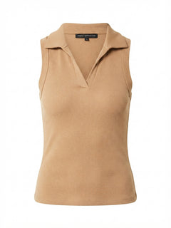 French Connection Sleeveless Polo Top Tan Ribbed Knit XXS - Image 1