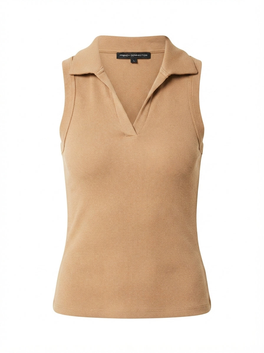 French Connection Sleeveless Polo Top Tan Ribbed Knit XXS - Image 1