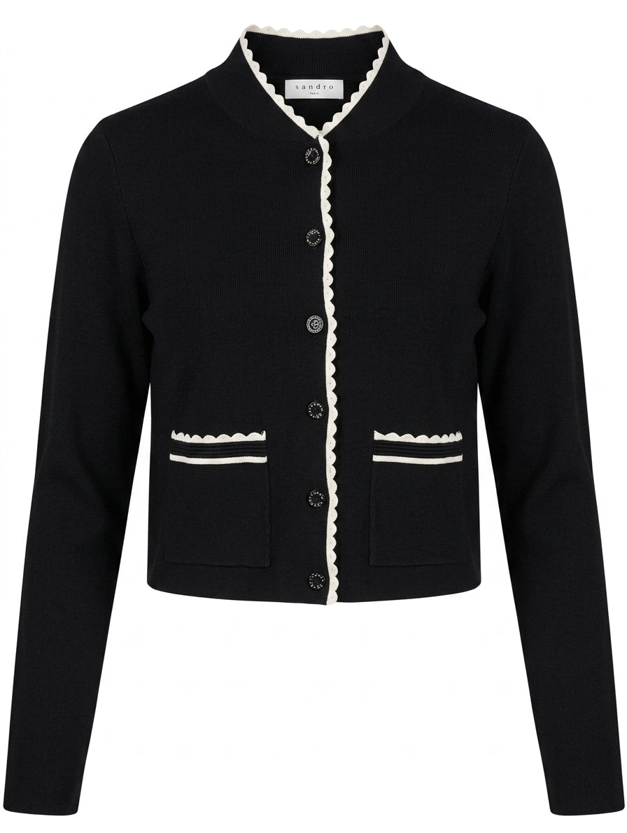 Sandro Paris Cardigan Black Scalloped Trim Button-Up - Image 1