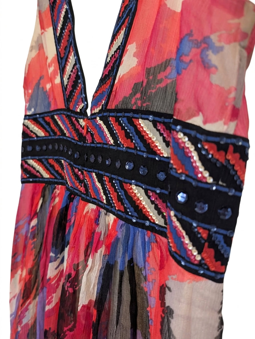 BCBGMAXAZRIA Silk Embellished Maxi Dress - Multi-Colour Size 8 - Image 1
