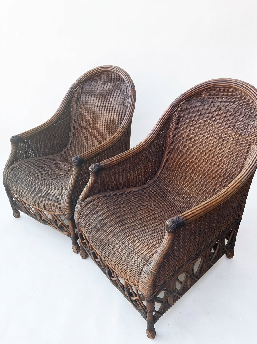 Vintage Wicker Rattan Barrel Back Armchairs - Set of 2 - Image 2