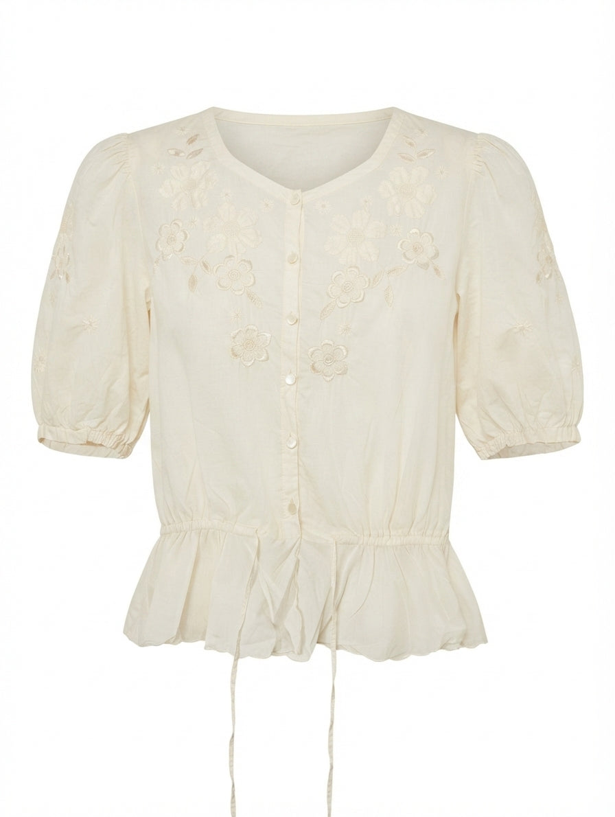 Callore Vintage Floral Embroidered Peplum Blouse Cream