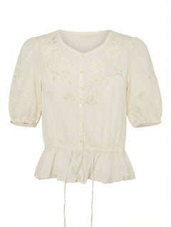 Callore Vintage Floral Embroidered Peplum Blouse Cream - Image 1