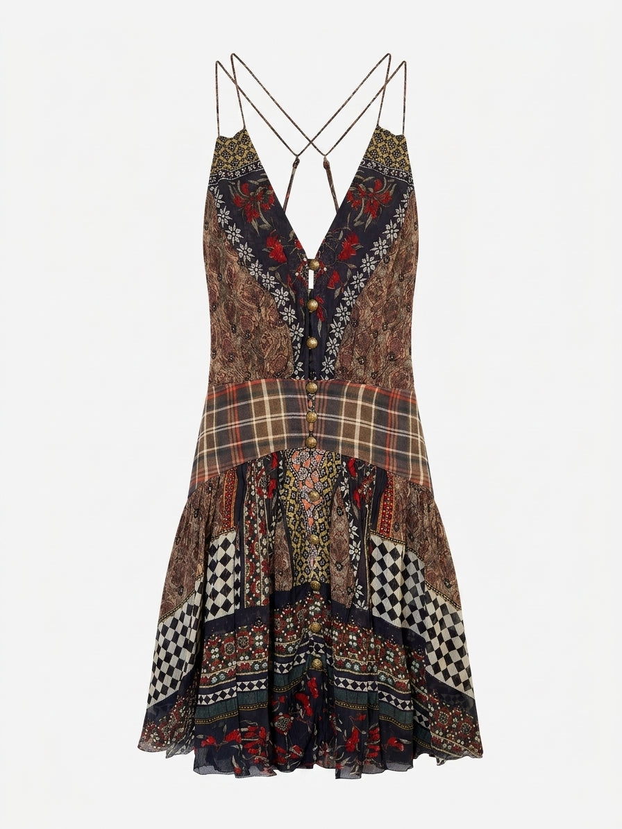 Camilla Silk Patchwork Mini Dress Vibrant Bohemian Print Size XS - Image 1