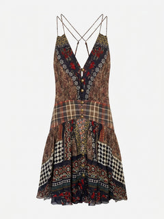 Camilla Silk Patchwork Mini Dress Vibrant Bohemian Print Size XS - Image 1