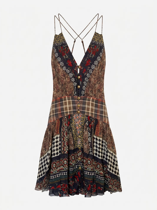 Camilla Silk Patchwork Mini Dress Vibrant Bohemian Print Size XS - Image 1
