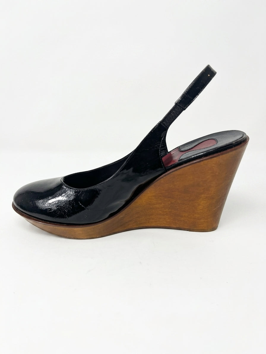 Chloe Vintage 2006 Black Patent Leather Wooden Platform Wedge Heels Pumps EU 38 - Image 1