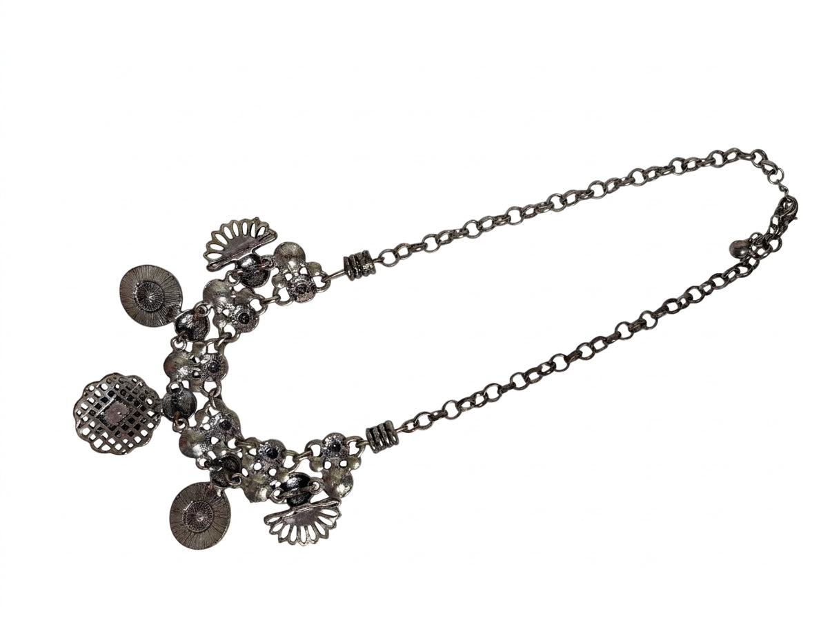Unbranded Vintage-Style Silver Tone Coin and Filigree Charm Statement Necklace - Image 1