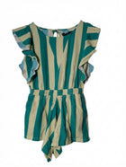 FEATHER/DRUM Striped Ruffle Sleeve Romper Teal & Cream Size 10 - Image 1
