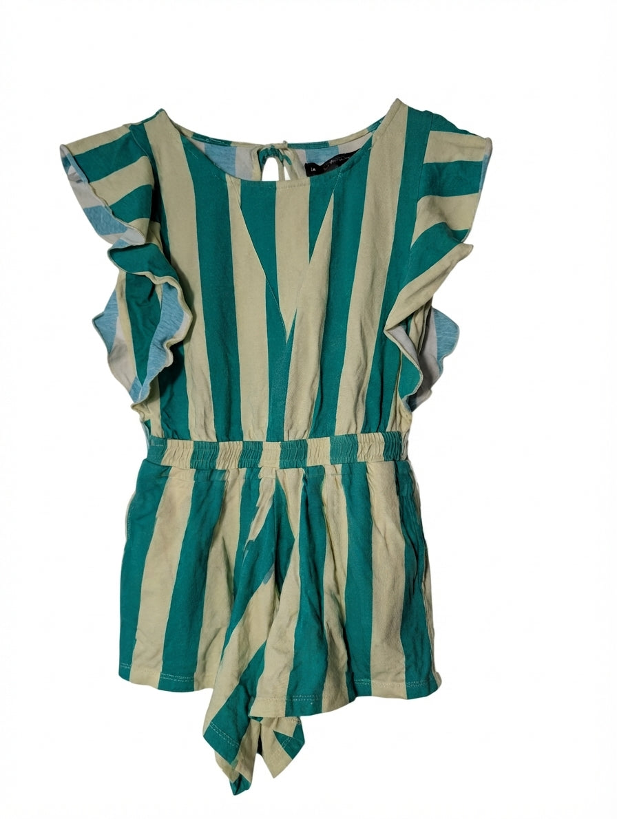 FEATHER/DRUM Striped Ruffle Sleeve Romper Teal & Cream Size 10 - Image 1