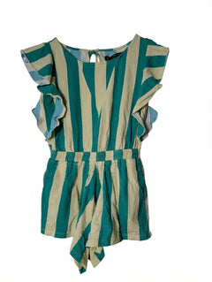 FEATHER/DRUM Striped Ruffle Sleeve Romper Teal & Cream Size 10 - Image 1