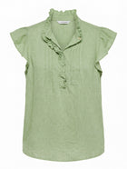 Alessandra Linen Ruffle-Front Cap-Sleeve Blouse Sage Green Size S - Image 1