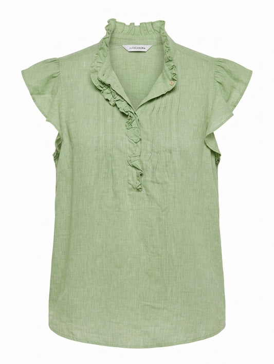 Alessandra Linen Ruffle-Front Cap-Sleeve Blouse Sage Green Size S - Image 1