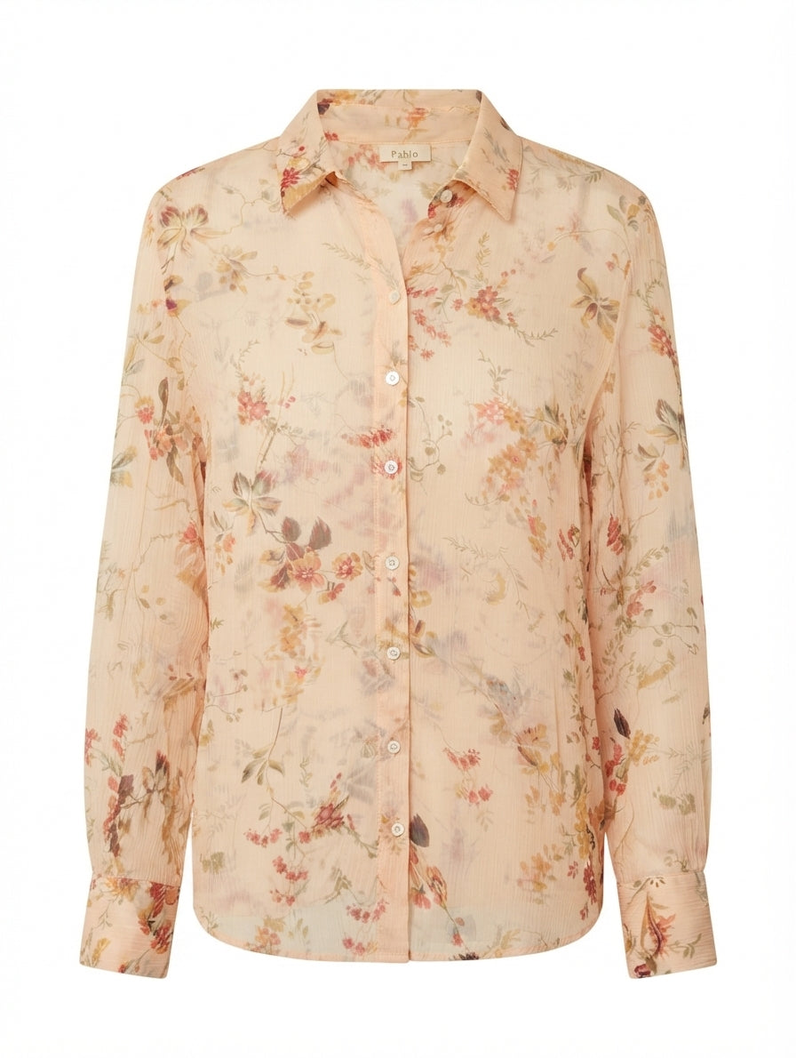 Pablo Gerard Darel Floral Sheer Button-Down Blouse Peach EU 38 - Image 1