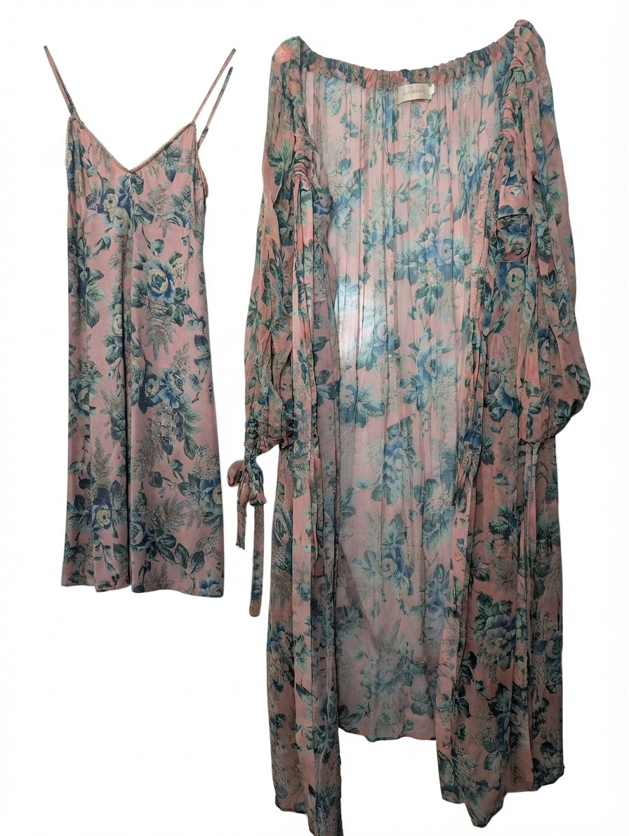Zimmermann Floral Silk Slip Dress and Duster Robe Set Pink Size 0 - Image 1