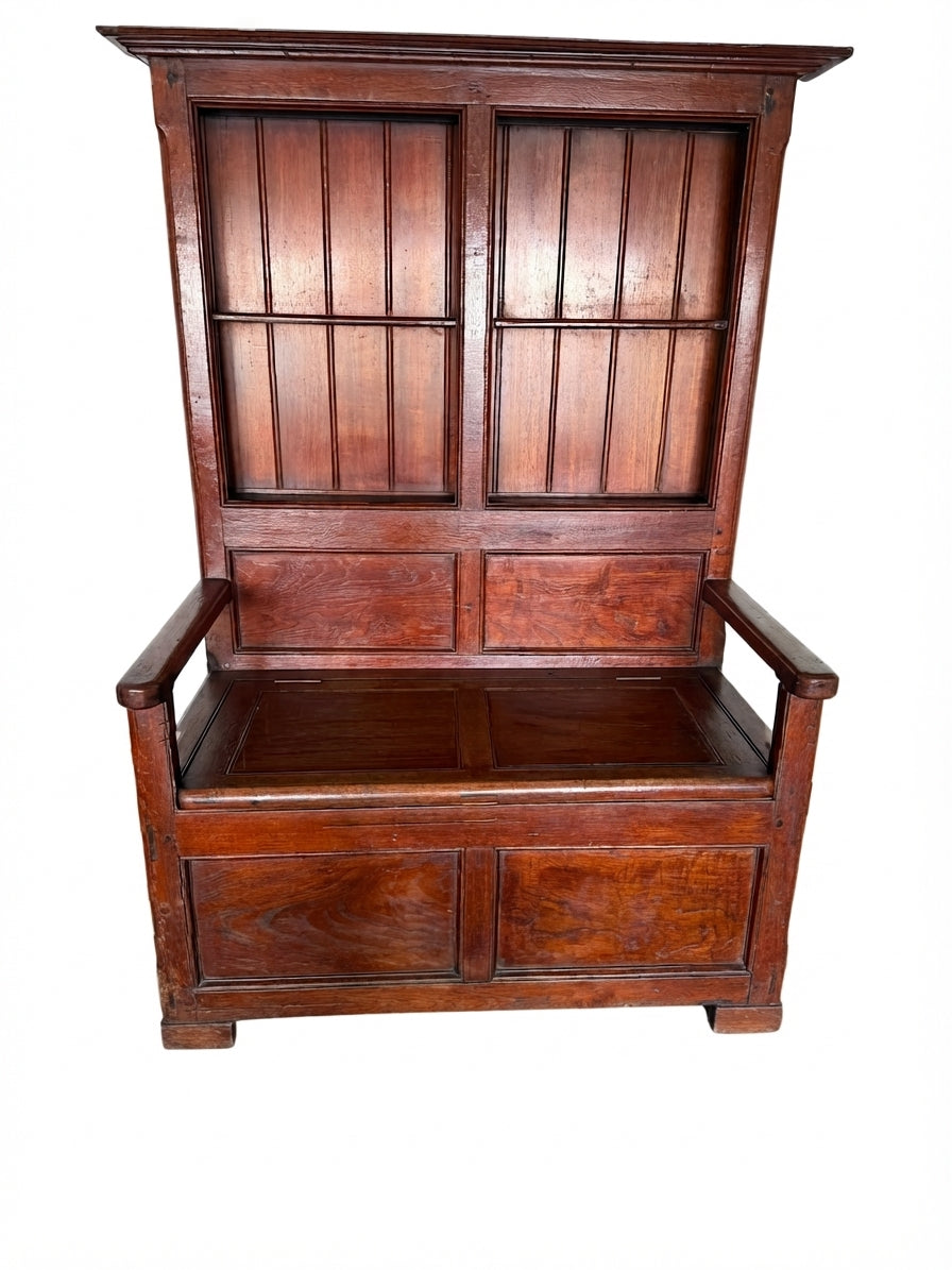 Antique Oak Wainscot Settle Bench Storage Seat with Shelves Hall Bench - Image 1