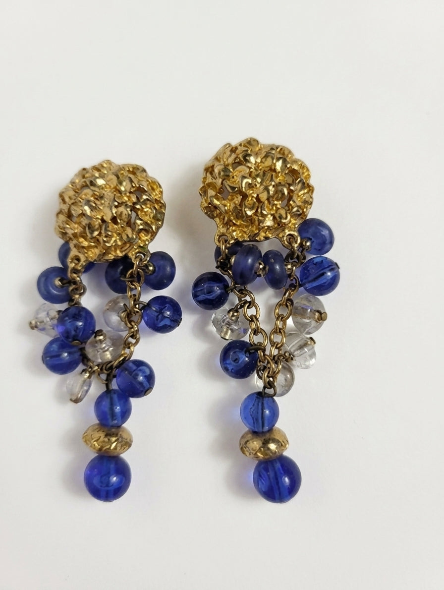 Vintage Gold-Tone Textured Clip-On Earrings With Blue And Clear Bead Dangles - Image 1