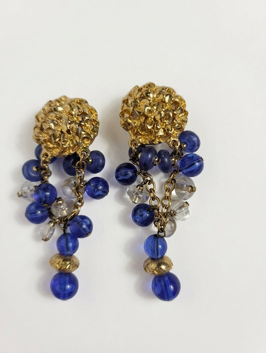 Vintage Gold-Tone Textured Clip-On Earrings With Blue And Clear Bead Dangles - Image 1