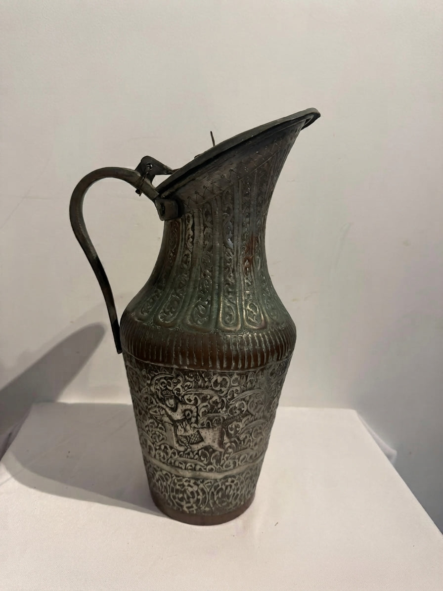 Vintage Persian Style Engraved Tinned Copper Ewer Pitcher with Hinged Lid - Image 1