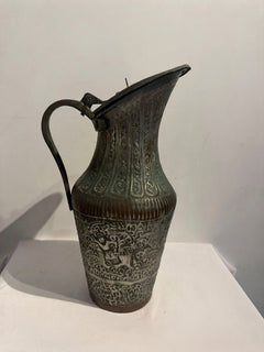 Vintage Persian Style Engraved Tinned Copper Ewer Pitcher with Hinged Lid - Image 1