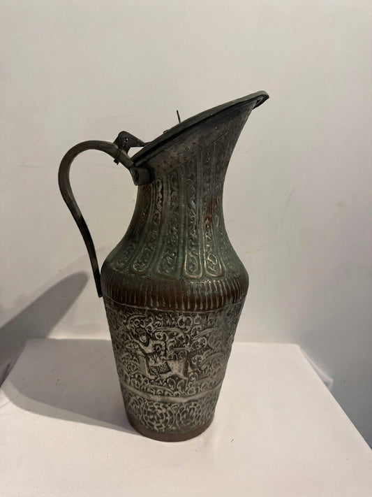 Vintage Persian Style Engraved Tinned Copper Ewer Pitcher with Hinged Lid - Image 1