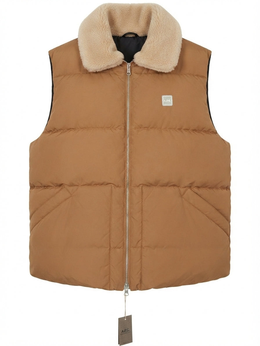A.P.C. Reversible Puffer Vest with Shearling Collar Beige/Black XL - Image 1