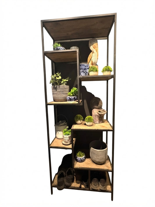 Coco Republic Industrial Display Shelving Unit Asymmetrical Metal and Wood - Image 1