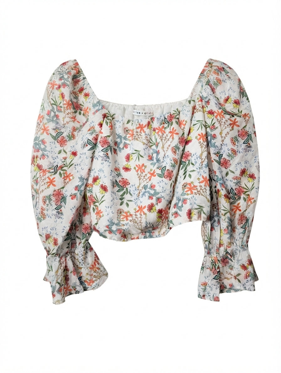 Alice + Olivia Floral Puff Sleeve Crop Top Size M - Image 1