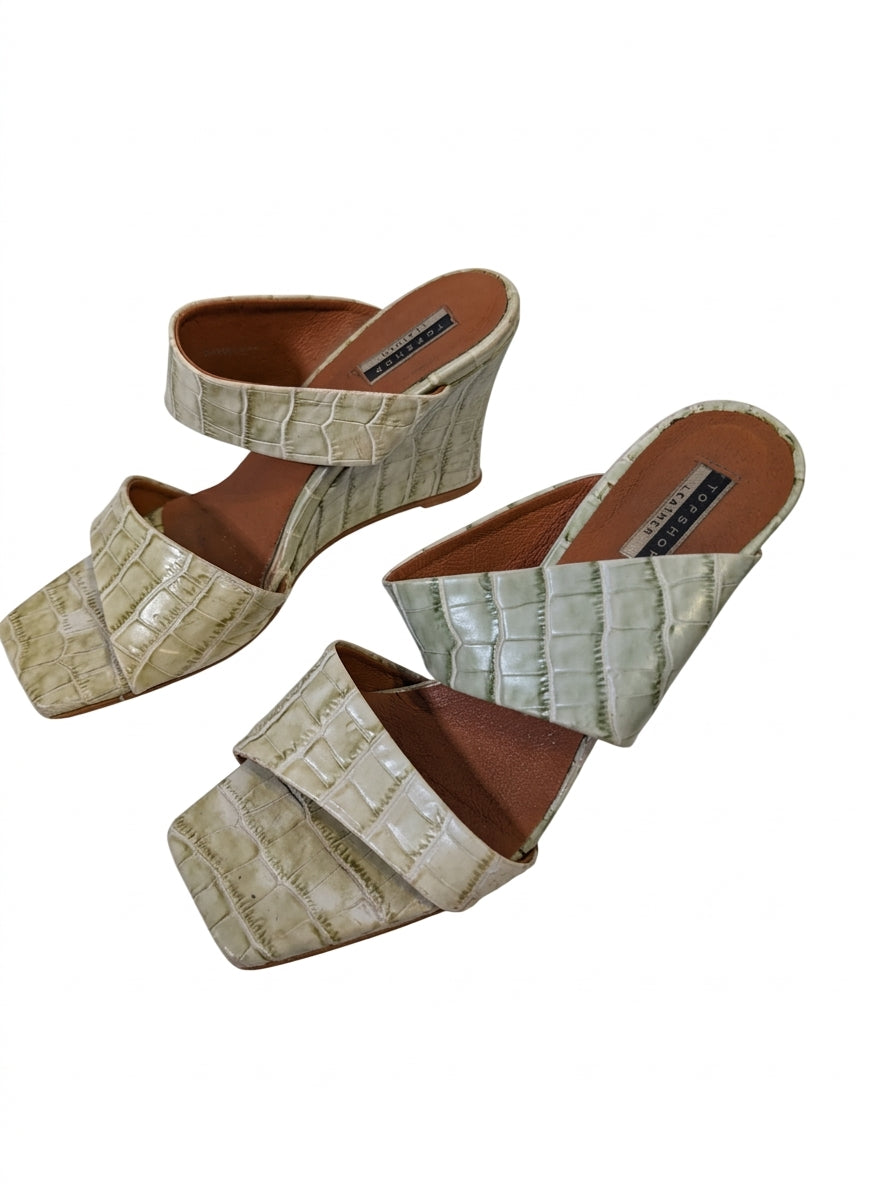 Topshop Croc-Embossed Leather Wedge Mules Sage Green EU 37 - Image 1