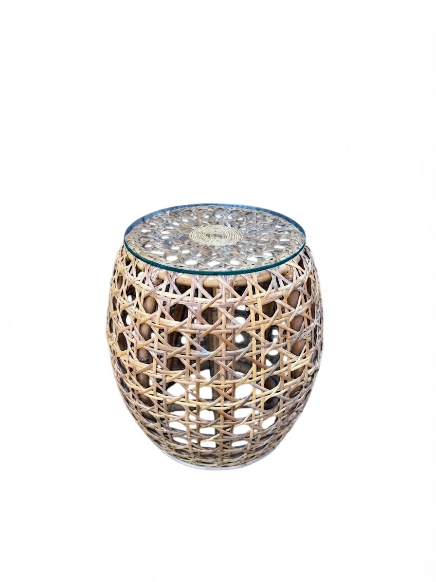 Rattan Side Table Glass Top Boho Wicker Stool Coastal Hamptons Bedside - Image 1
