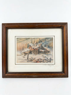 Dixon C. Bailey Signed Winter Cabin Watercolor Print 1986 Framed Art - Image 1