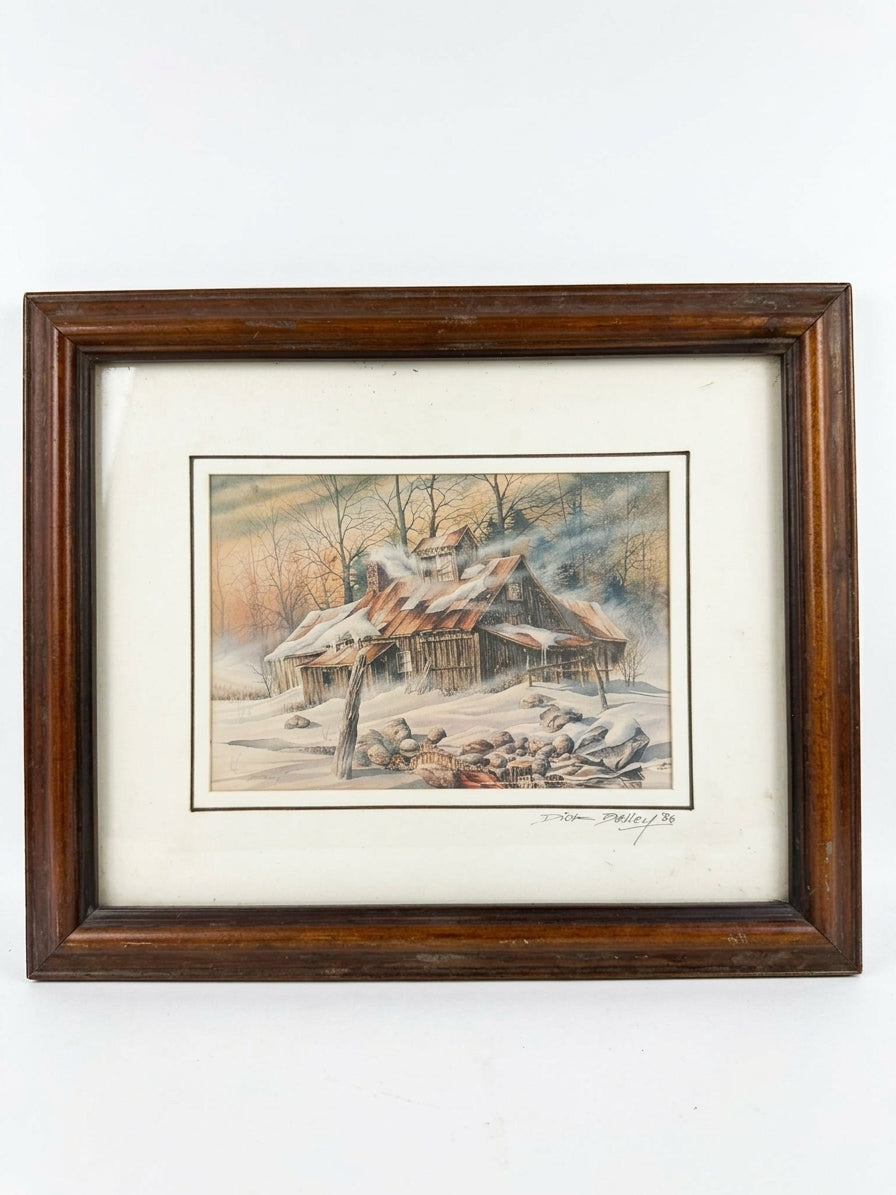 Dixon C. Bailey Signed Winter Cabin Watercolor Print 1986 Framed Art - Image 1