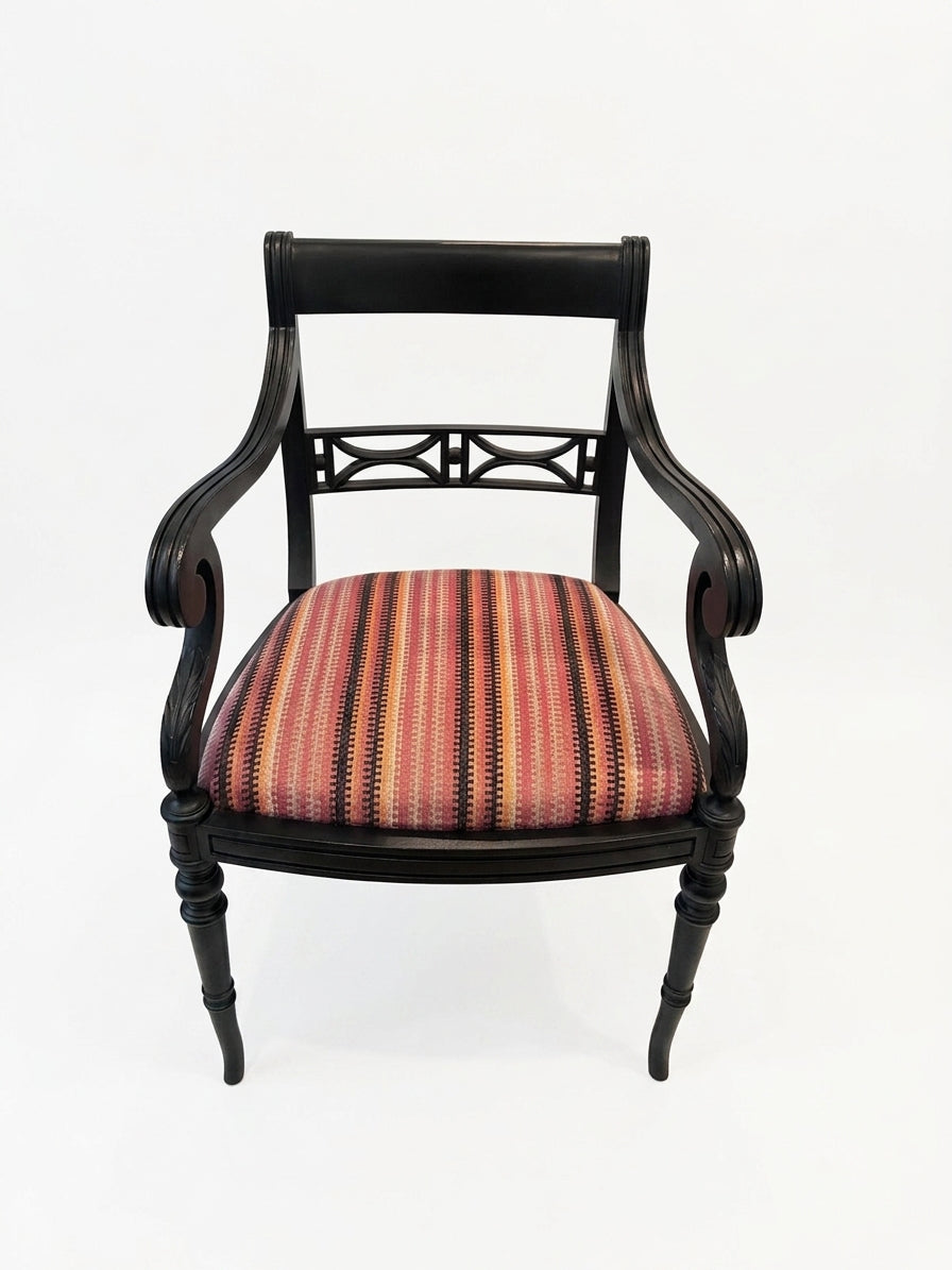 Regency Style Black Painted Armchair with Bespoke Striped Upholstery - Image 1