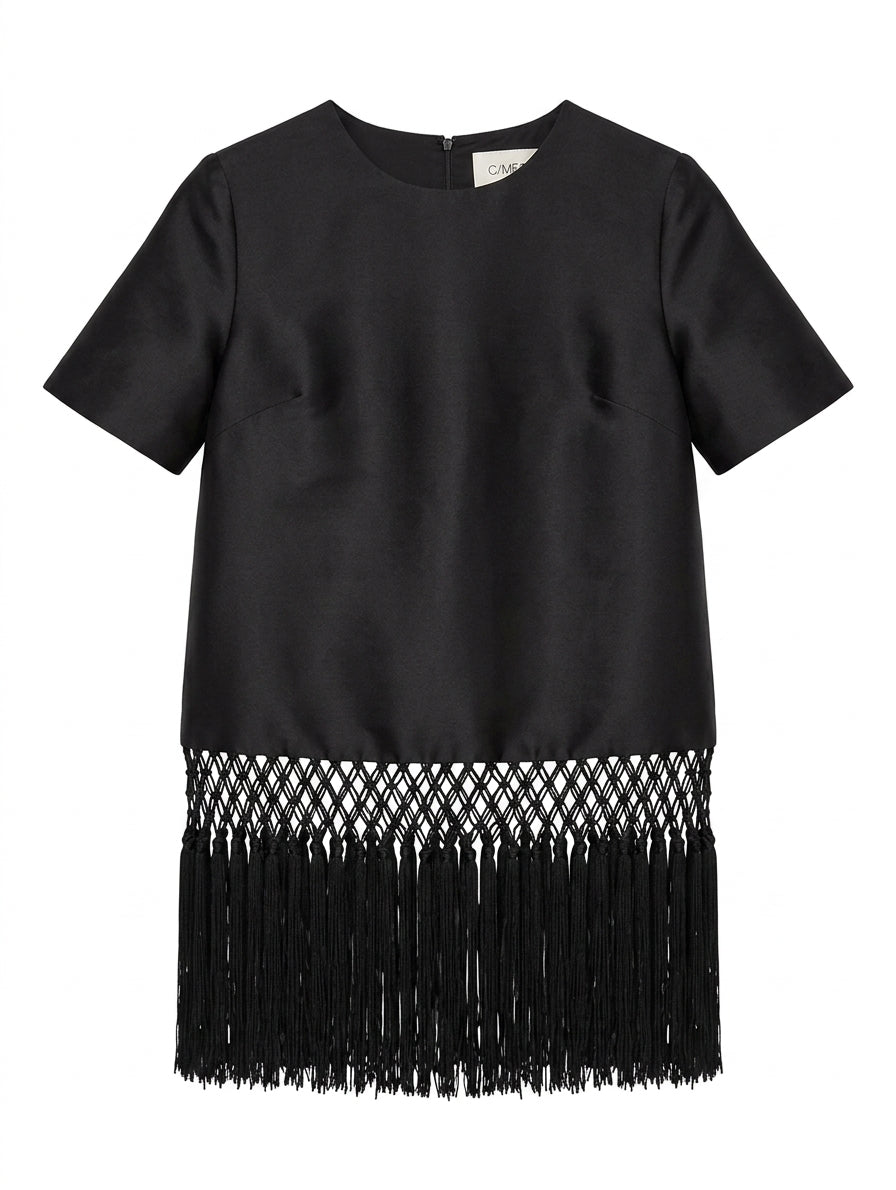 C/Meo Collective Black Satin Top - Macrame Fringe Hem - Image 1