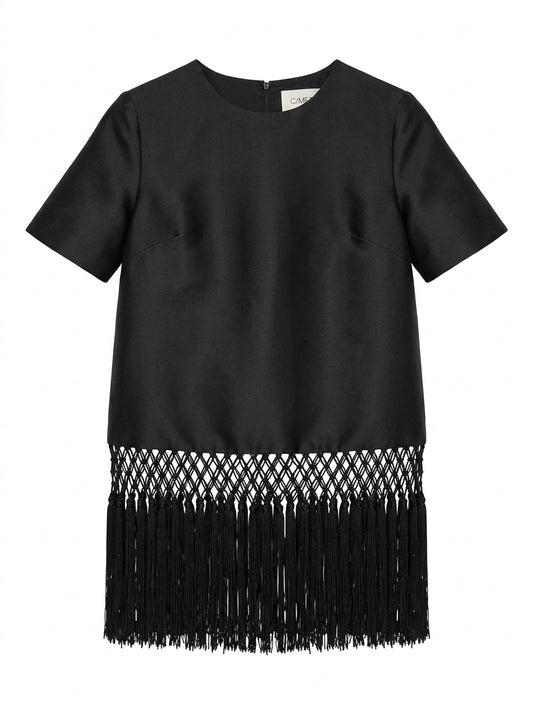 C/Meo Collective Black Satin Top - Macrame Fringe Hem - Image 1