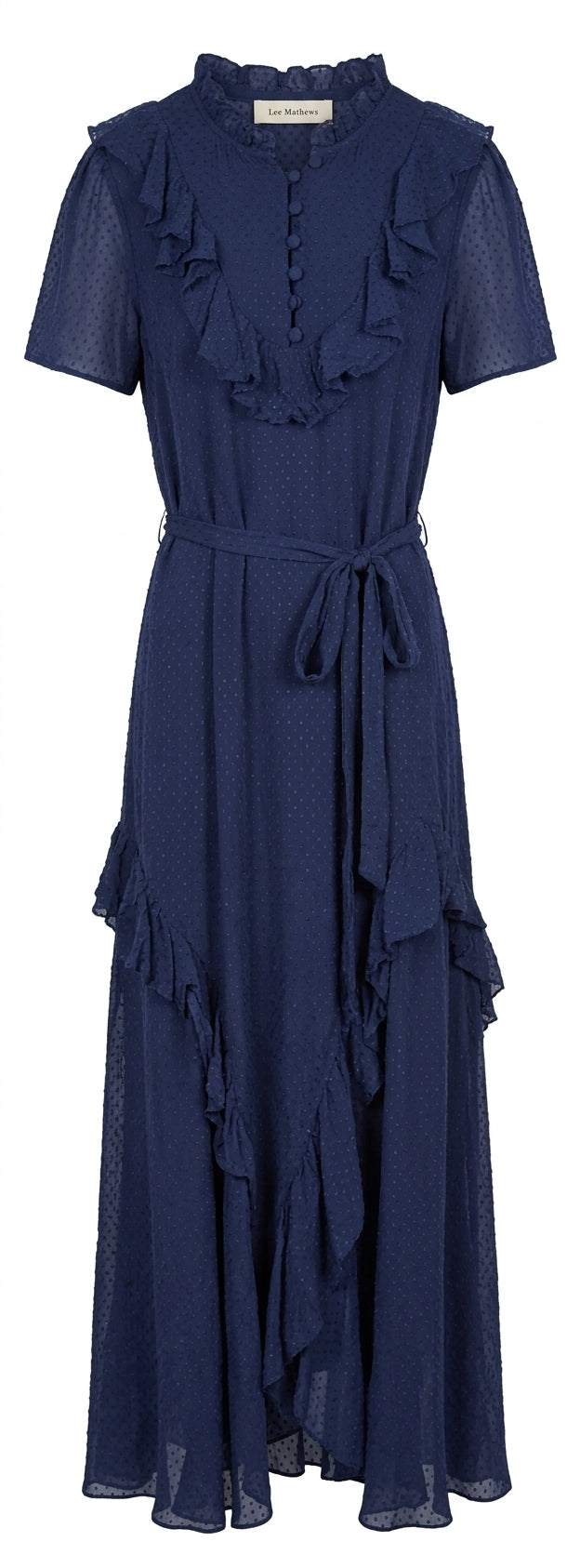 Lee Mathews Navy Blue Swiss Dot Silk Ruffle Maxi Dress - Image 1