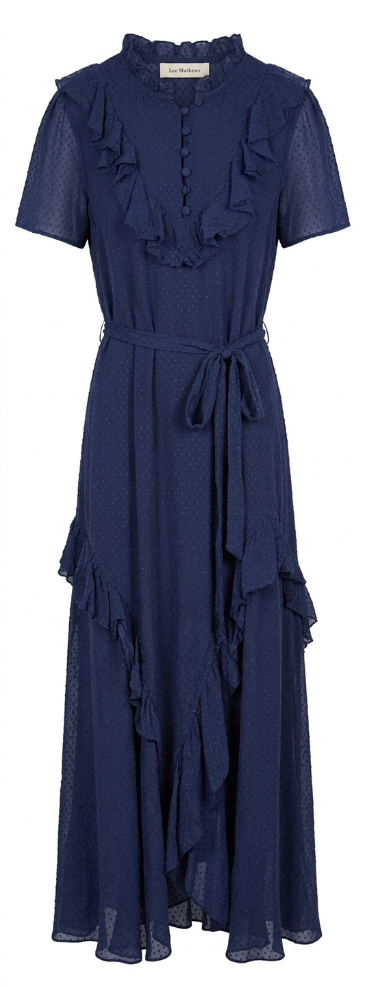 Lee Mathews Navy Blue Swiss Dot Silk Ruffle Maxi Dress - Image 1
