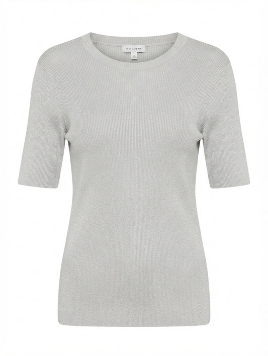Witchery Silver Metallic Ribbed Knit Short Sleeve Top Size S - Image 1