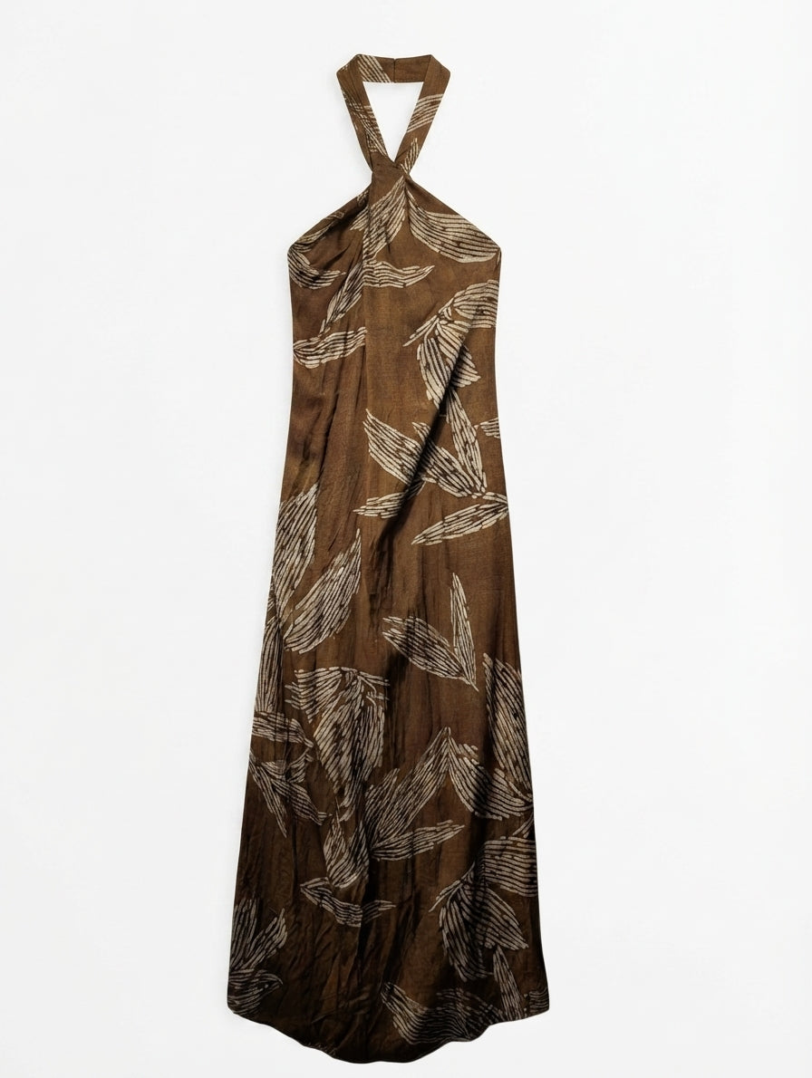 Massimo Dutti Halter Neck Maxi Dress Brown Leaf Print EU 38 - Image 1